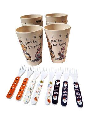 Disney Winnie the Pooh Bamboo Cup & Forks Set of 6 W/ Festive Designs Kids Meals